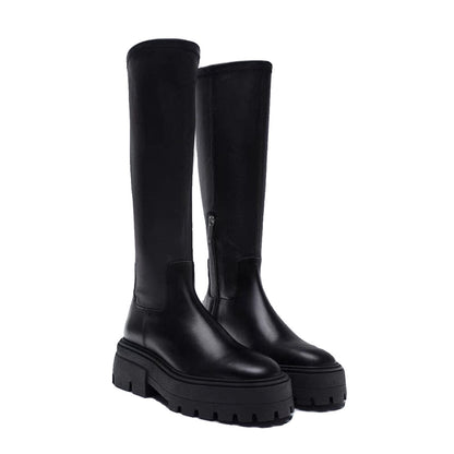 2025  Height-increasing thick-soled medium-high boots women's popular new knight boots side zipper slim long boots