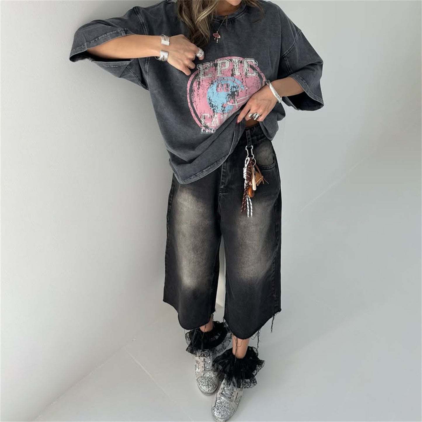 high street trend fashion old wash water printing T-shirt versatile seven-quarter sleeve top loose oversize women