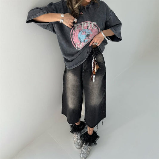 high street trend fashion old wash water printing T-shirt versatile seven-quarter sleeve top loose oversize women