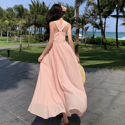 2025 Seaside vacation dress photo high sense Muse Fan sweet pink bead neck beach dress big swing dress