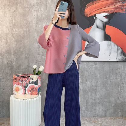 Miyake splicing large size  spring clothing new women's clothing loose color matching short T-shirt square neck pleated top women