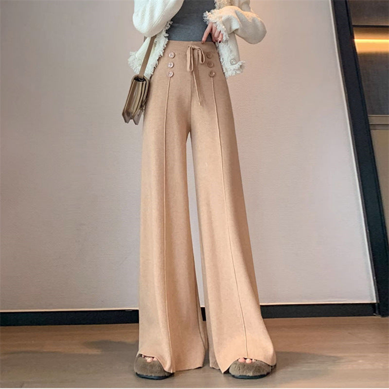 flowersverse Women's Wide-Leg Pants High Waist Drooping Straight Loose Casual Mopping Pants Autumn and Winter New Button Design Knitted Trousers