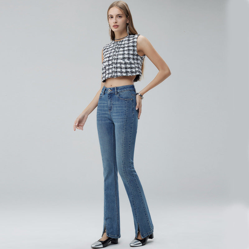 2025 High-end women's clothing summer Xinjiang long-staple cotton micro-elastic stylish split fork shows height and thinness denim horn trousers