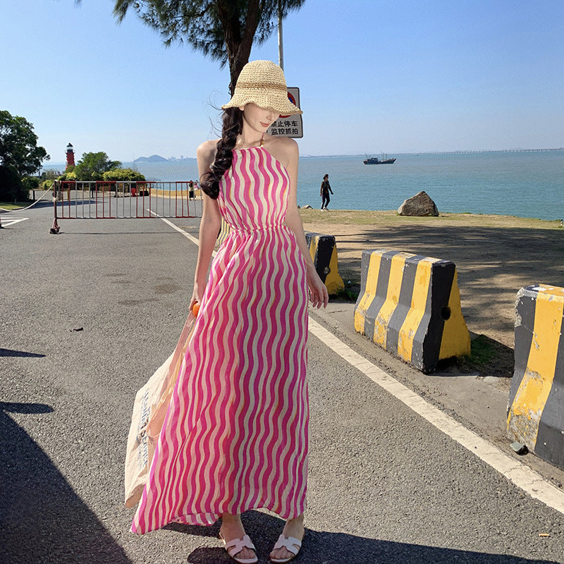 2025 retro striped neck dress women's summer new hollow backless dress seaside vacation beach dress