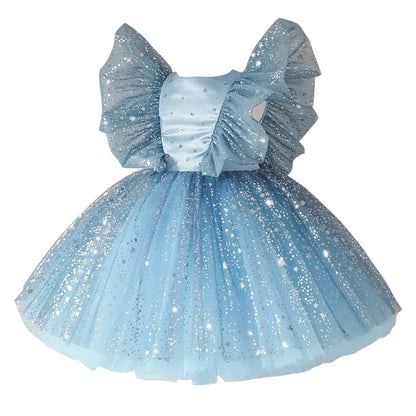 flowersverse European and American Girls Dress Children Bow Flying Sleeves Princess Dress Children's Mesh Bubble Skirt