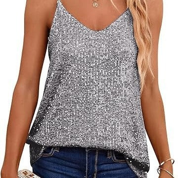 FLOWERSVERSE New 2025 new  2025 new loose sequins V-neck sleeveless casual sequins deep V suspenders