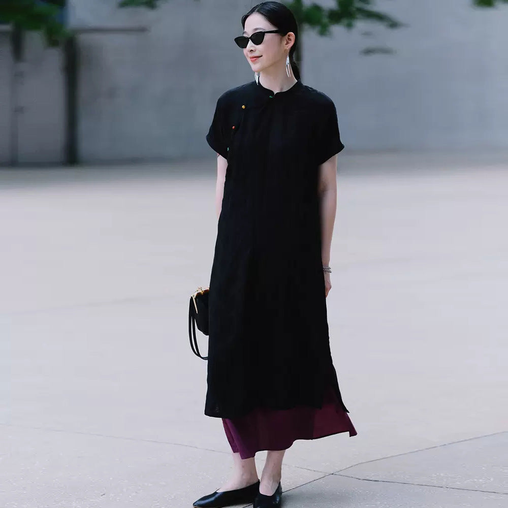 New Chinese dress women's spring and summer, Tencel hemp improved cheongsam dress, retro temperament split two colors B0451
