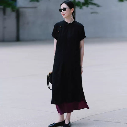 New Chinese dress women's spring and summer, Tencel hemp improved cheongsam dress, retro temperament split two colors B0451