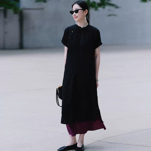 New Chinese dress women's spring and summer, Tencel hemp improved cheongsam dress, retro temperament split two colors B0451