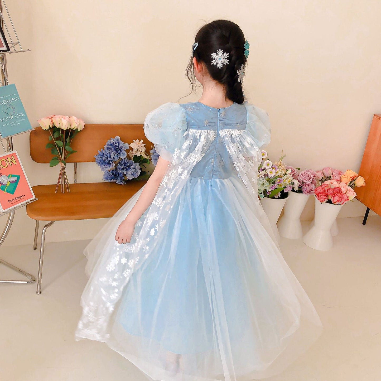 flowersverse Spring New Girls' Frozen Elsa's Princess Dress Dress Snowflake Shawl Birthday Dress Elsa