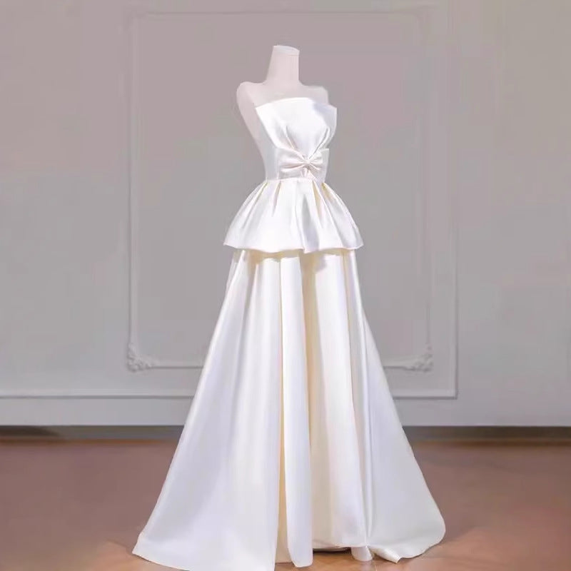 2025 tube top light wedding dress bride simple niche satin temperament go out yarn Mori bow engagement dress skirt