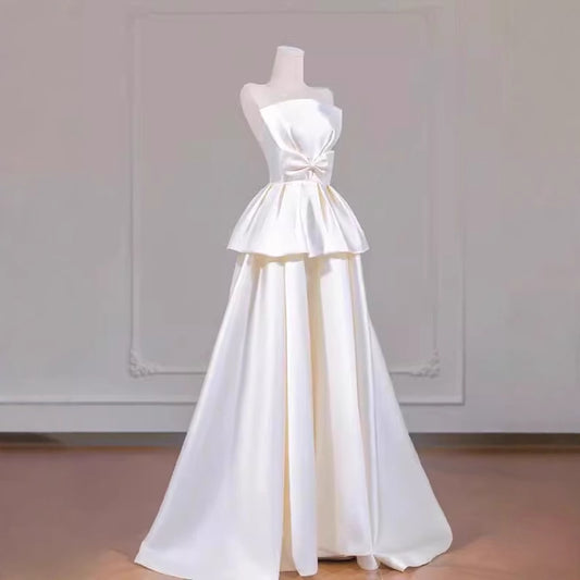 2025 tube top light wedding dress bride simple niche satin temperament go out yarn Mori bow engagement dress skirt