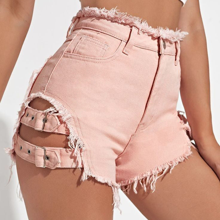 2025n summer trendy brand Spice Girl sexy retro rough edge hollow on both sides adjustable denim super shorts versatile hot pants