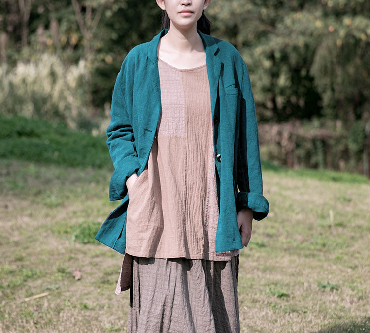 spring and autumn retro literary and artistic solid color linen lapel cotton and linen loose casual suit short jacket