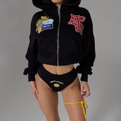 Spring  new short suit sweater  loose hooded letter printing niche suit women