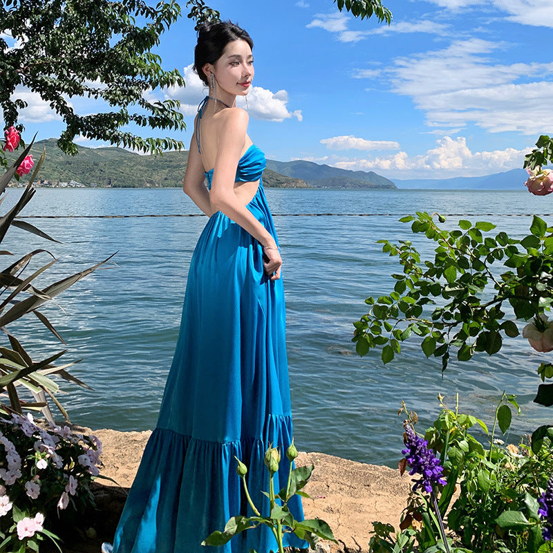 2025 white neck halter suspender dress temperament bohemian long dress Thai seaside vacation beach dress