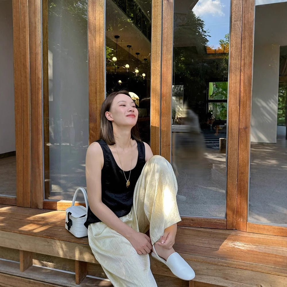 Siyuan, guest acetic acid drawstring elastic waist wide-leg pants women's niche design casual and thin lazy pants 7703