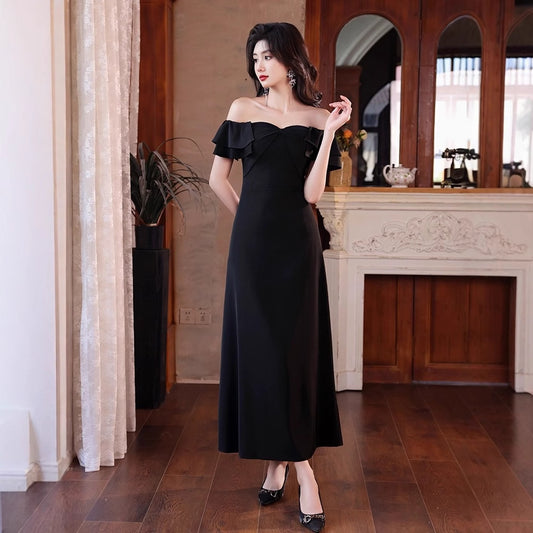 2025 One-word shoulder black evening dress women's banquet temperament high-end dress women's light luxury niche host high-end spring
