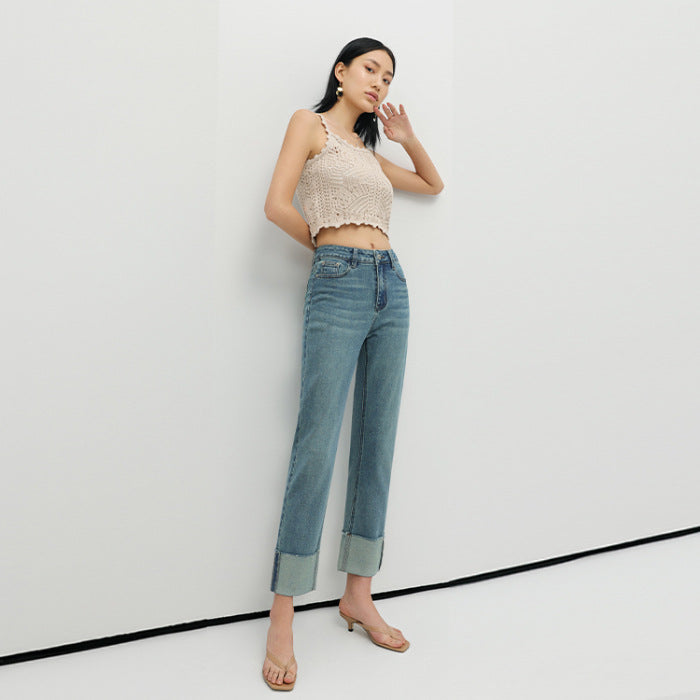 2025 In summer, Xinjiang long-staple cotton micro-elastic stylish flanged straight-leg pants high-definition women's denim nine-point pants are sent on behalf of others