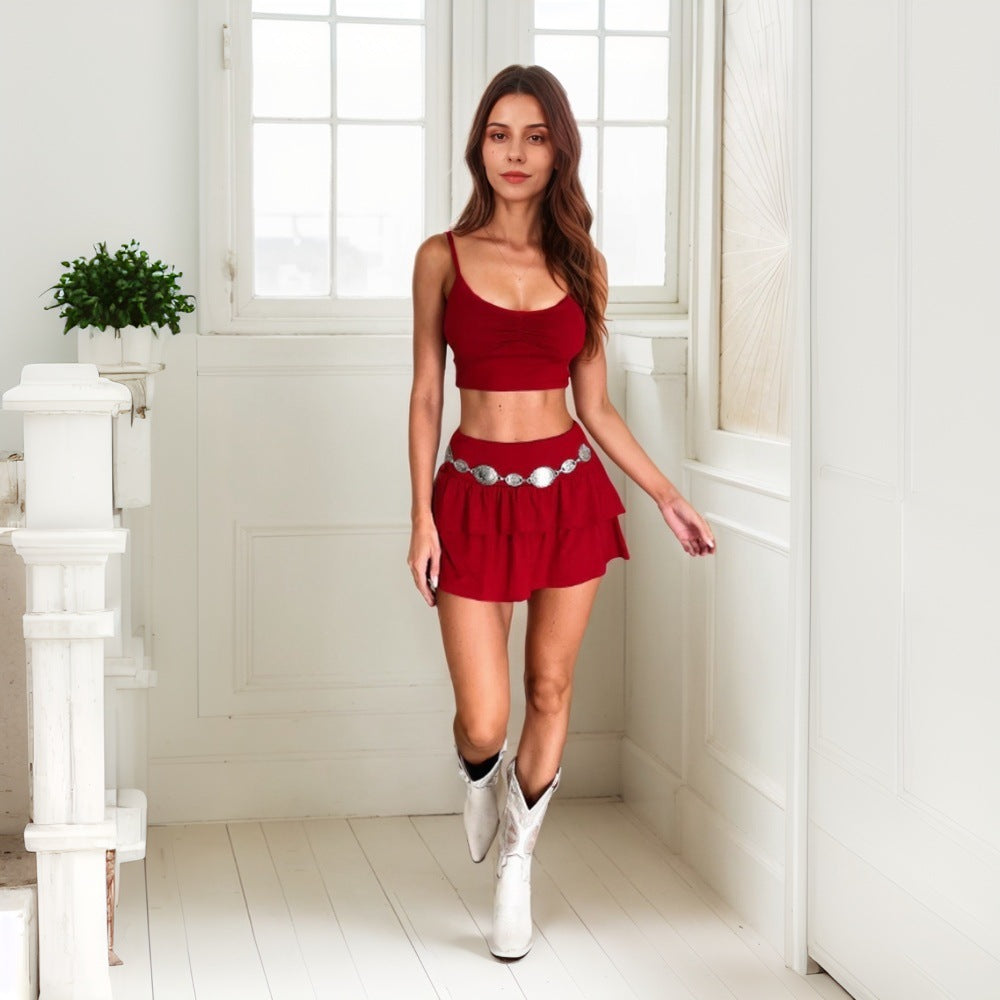 FLOWERSVERSE 2025 2025 international station tk hot sale women's clothing spring and summer new big red spice girl fashion suit top skirt two-piece set