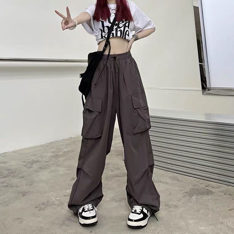 FLOWERSVERSE  American Retro Workwear Casual Pants Women's Summer All-Matching Straight Draping Ankle-Tied Pants Loose Wide Leg Pants Ins