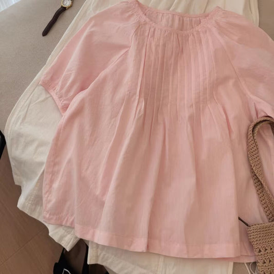 This pink is so beautiful, heavy industry age-reducing short-sleeved top  summer new solid color fat MM thin versatile shirt