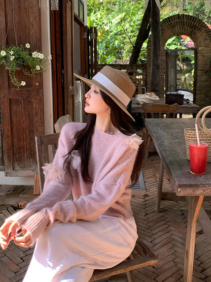 2025 Spring Loose Long Sleeve Crew Neck Mohair Long Sleeve Wool Knitted Sweater Top Sweater 25136