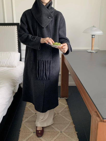 2025 Scarf collar, solid color horn buckle, one buckle, extended double-sided wool coat, woolen coat, women's warm autumn and winter