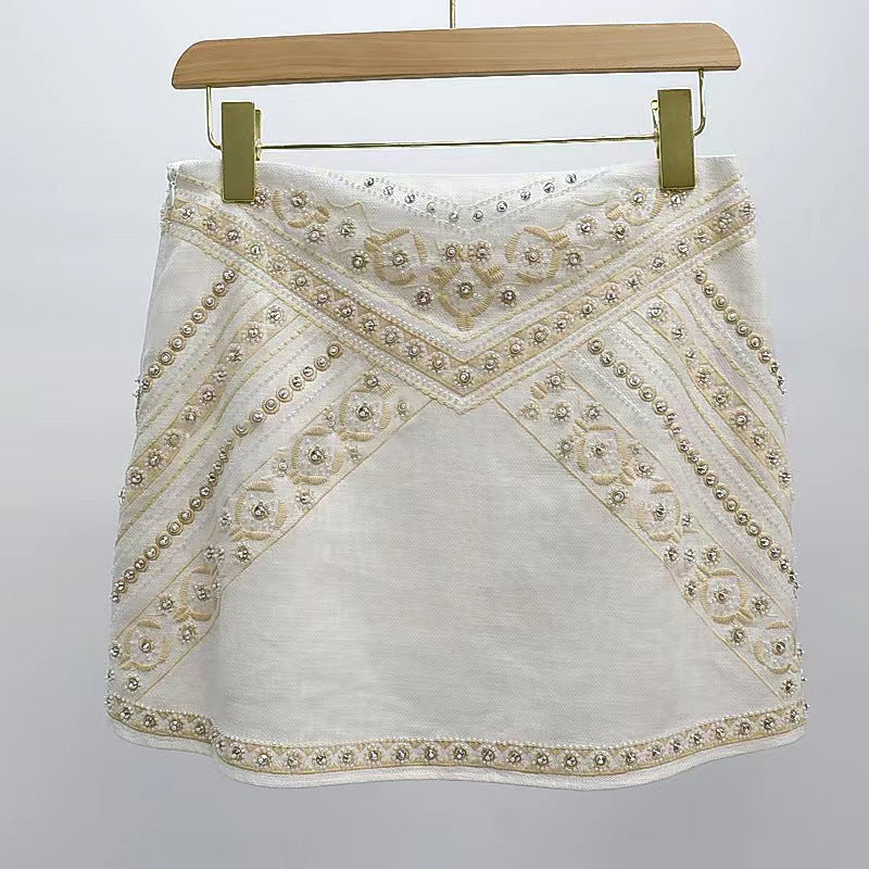 2025 spring new court luxury beaded high waist skirt linen A-word skirt