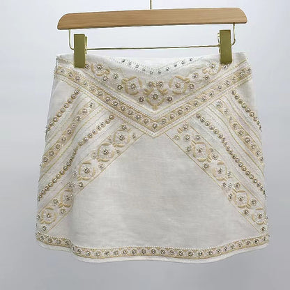 2025 spring new court luxury beaded high waist skirt linen A-word skirt