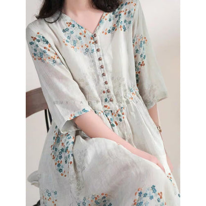 Literary and retro small floral cotton and linen dress for women's  new loose and thin drawstring waist holiday dress