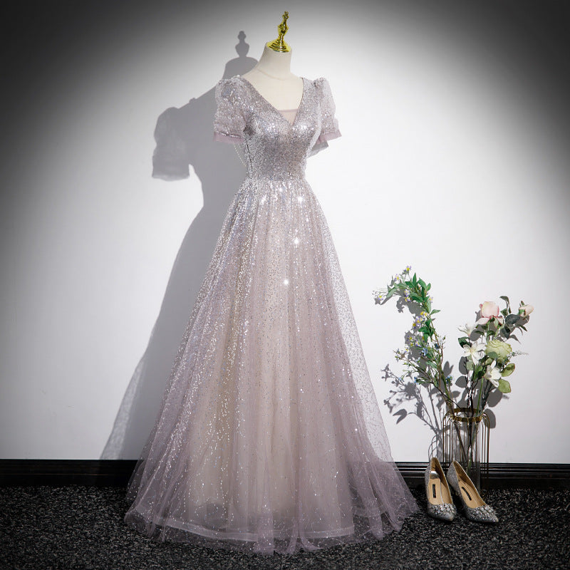 Banquet evening dress female high-end host high-end atmosphere high-grade V-neck  princess dress vocal art test