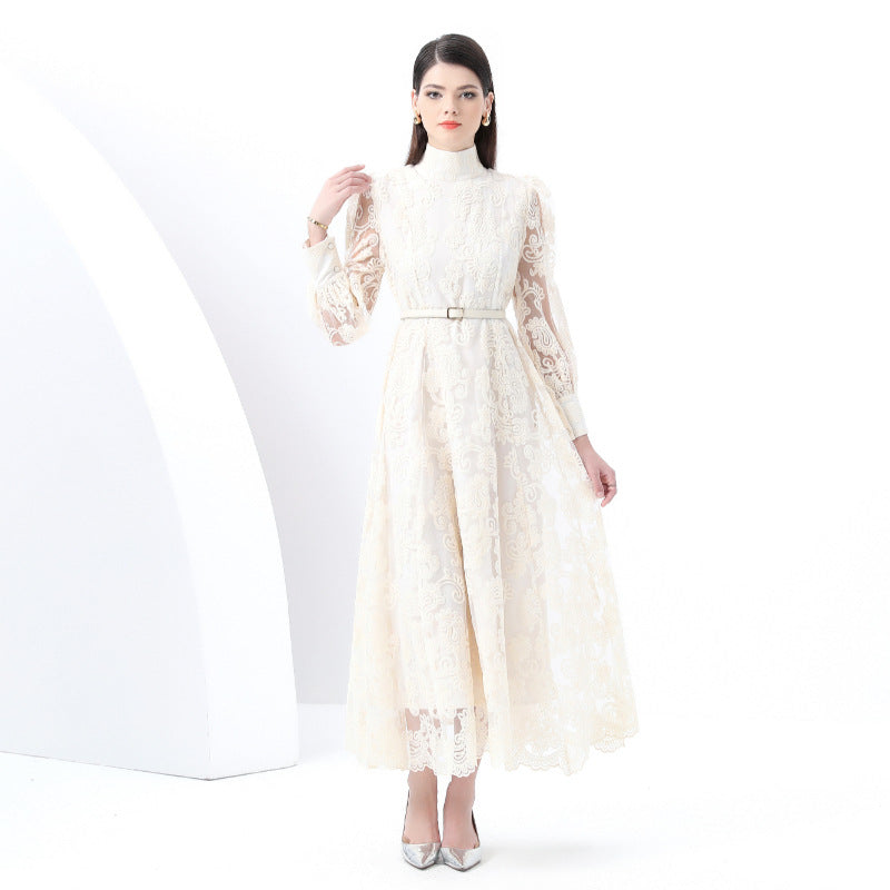 Early Spring - Court Style Lantern Sleeve High Neck Embroidered Wide Swing Long Dress