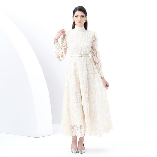 Early Spring - Court Style Lantern Sleeve High Neck Embroidered Wide Swing Long Dress