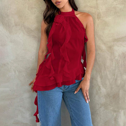 Pure desire 2025n Spice Girl streamer three-dimensional rose sleeveless neck vest women's summer chiffon ruffle edge design sense