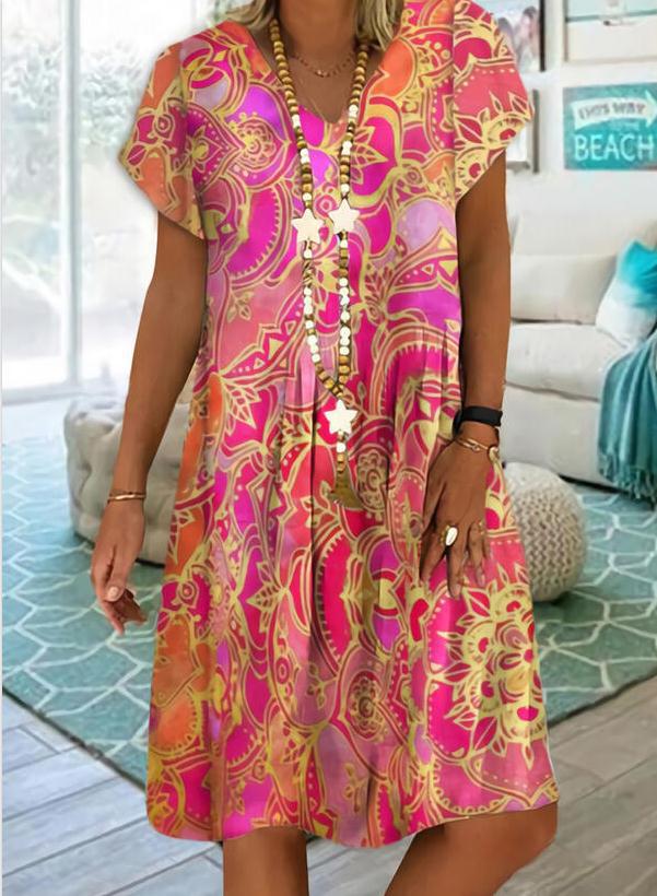 FLOWERSVERSE Chuyi  independent station wishes summer 2025 women's clothing V-neck printing temperament commuter short-sleeved dress