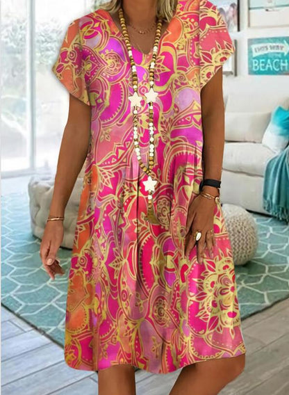 FLOWERSVERSE Chuyi  independent station wishes summer 2025 women's clothing V-neck printing temperament commuter short-sleeved dress