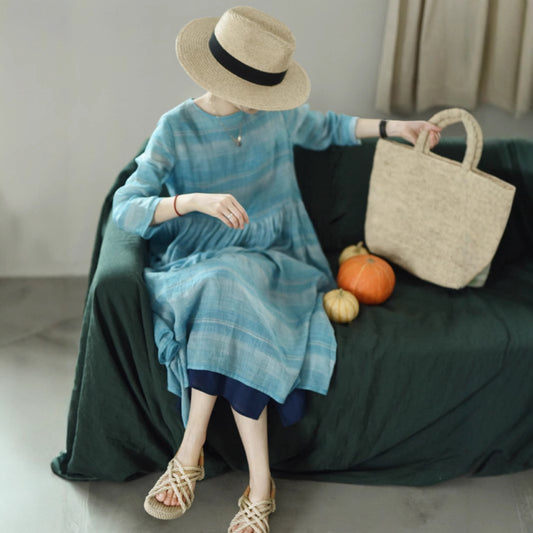 2025 spring and summer dress women's dress round neck loose long dress mint mambo ramie printed long skirt 90709