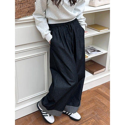 2025  Spring New Korean Edition Fashion Casual Loose Edge Striped High Waist Drawstring Jeans 22177