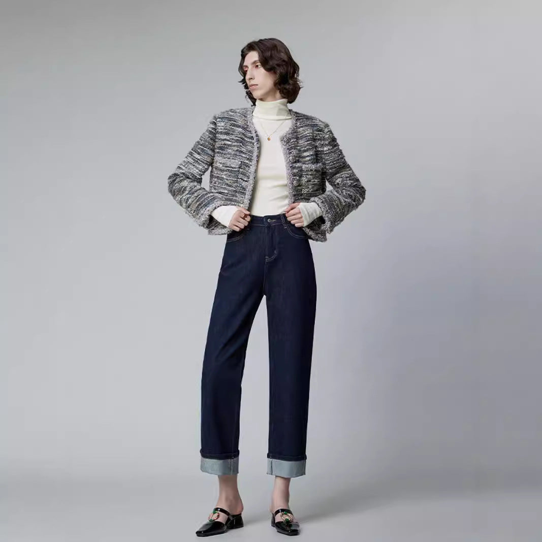 2025 popular autumn lycra fabric, high-quality original cow-colored flanged straight-leg pants, elastic on all sides, not easy to fade jeans for women