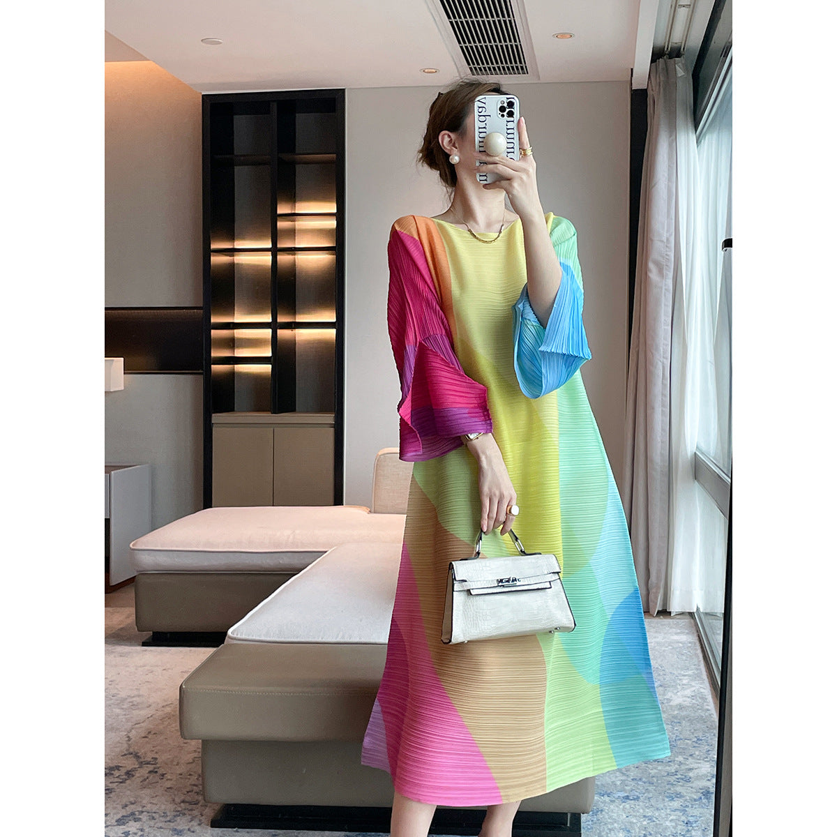 autumn Miyake new fashionable geometric printing pleated dress loose cover flesh and thin temperament long dress women