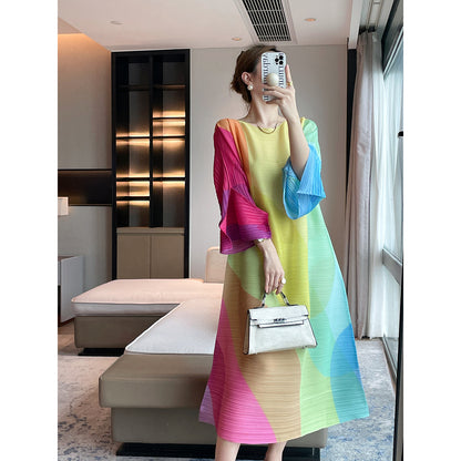 autumn Miyake new fashionable geometric printing pleated dress loose cover flesh and thin temperament long dress women