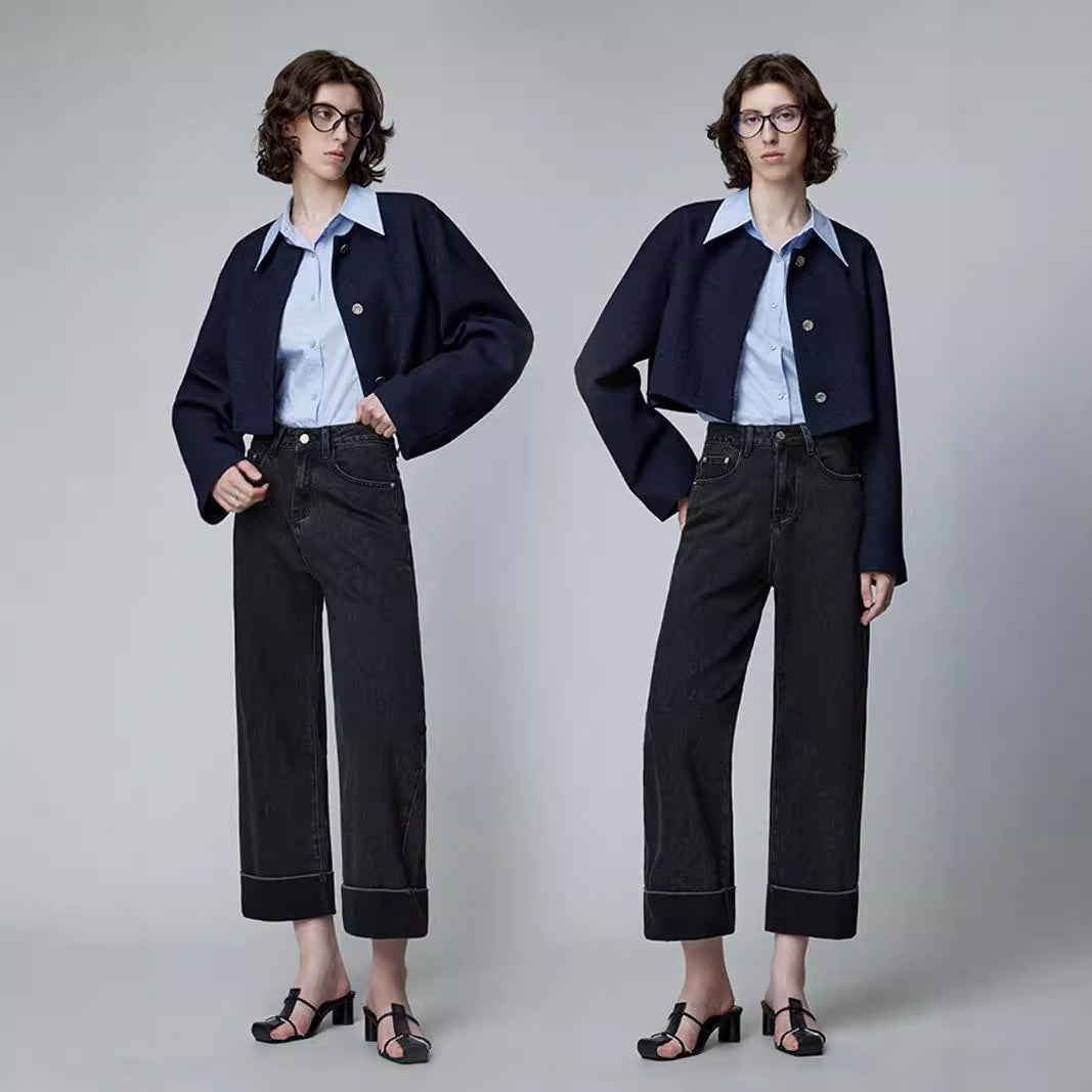 2025 popular new autumn women's nine-point pants, high-waisted retro blue jeans, black denim nine-point pants with flip edges