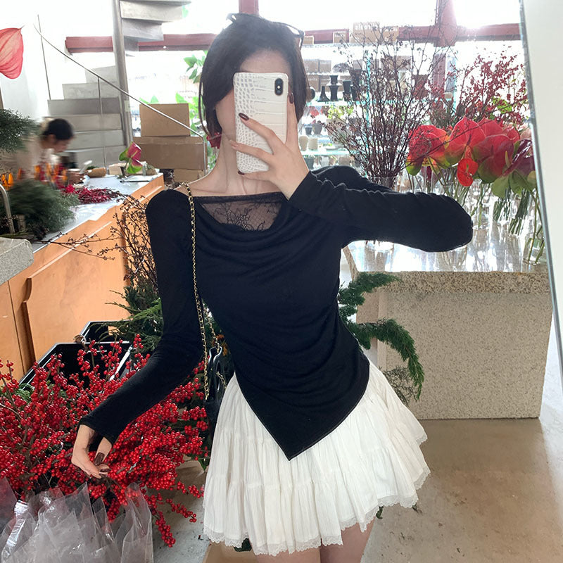 2025 Thirteen Lines  Spring New Korean Edition Temperament Lace Swing Neck Bottom Shirt Long Sleeve Top 89209