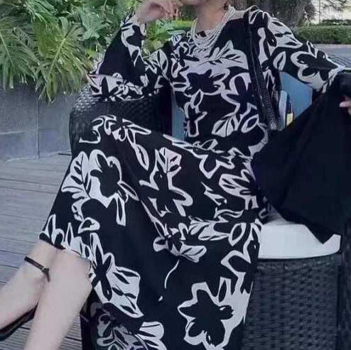 2025 retro socialite cold wind temperament long dress high-end printed dress long dress spring