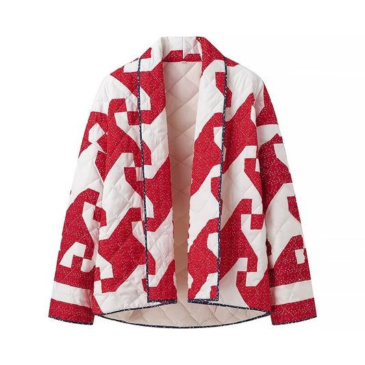 Cross-border women's clothing 2025 autumn and winter new European and American fashion ins large size loose lapel contrasting color printed cotton jacket