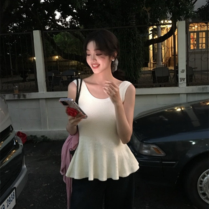 2025 spring and summer new thin temperament versatile solid color fishtail knitted suspender small vest women 25158