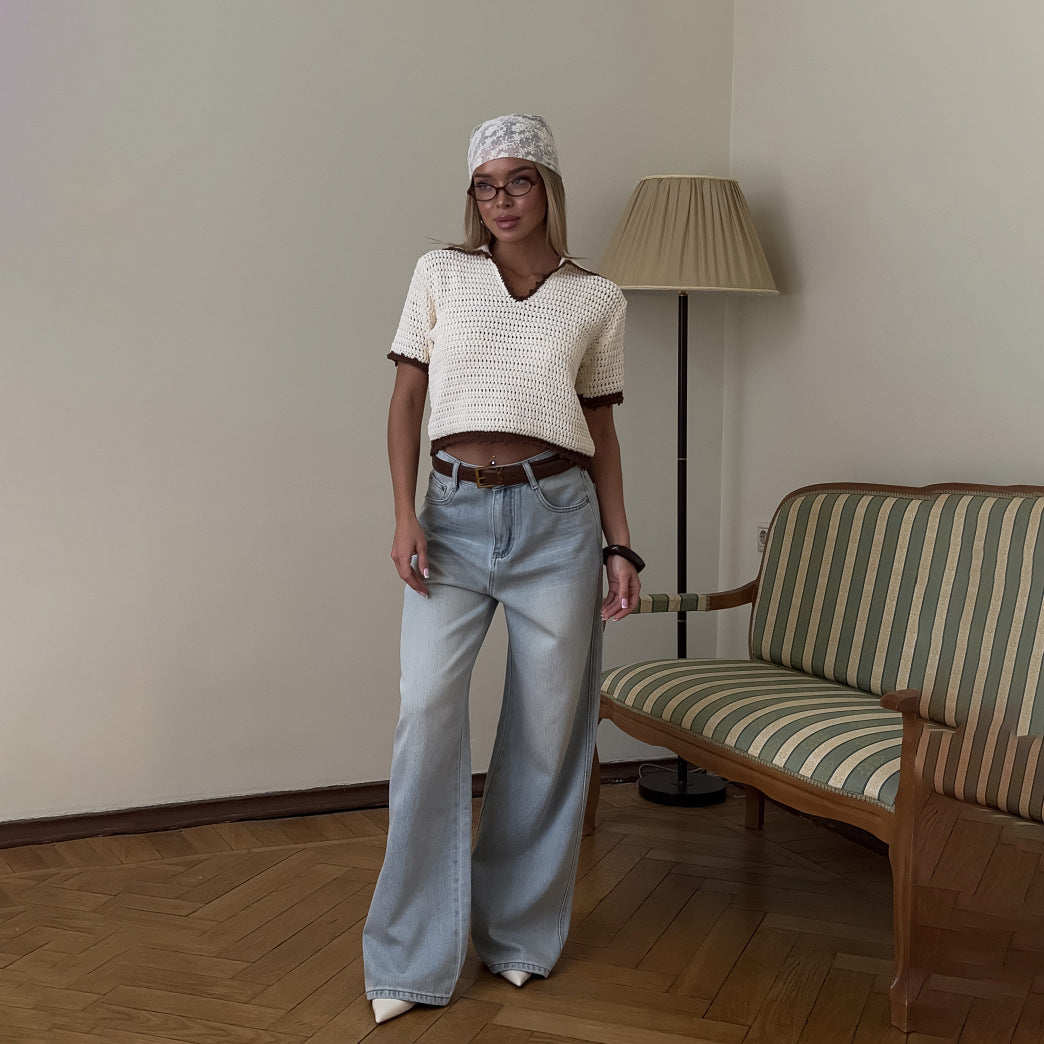 personalized summer new knitted hollow navy round neck five-quarter sleeve polo shirt front shoulder women's short loose and spicy