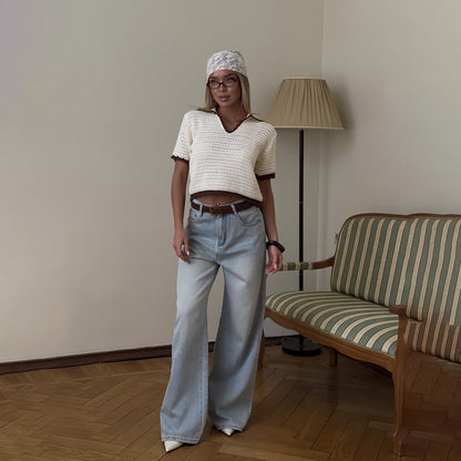 personalized summer new knitted hollow navy round neck five-quarter sleeve polo shirt front shoulder women's short loose and spicy