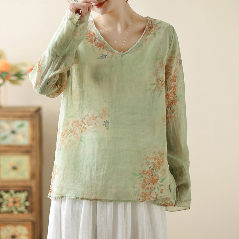 Cotton and linen printed V-neck burr top women's short literary Zen shirt summer tea clothing temperament cold wind shirt women